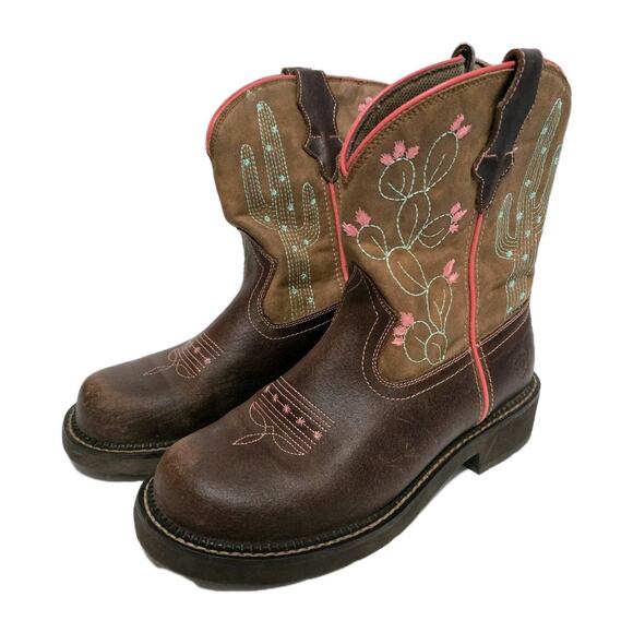 Ariat Brown and Cream Ankle Boots with Cactus Design Size 7 B - Picture 1 of 7